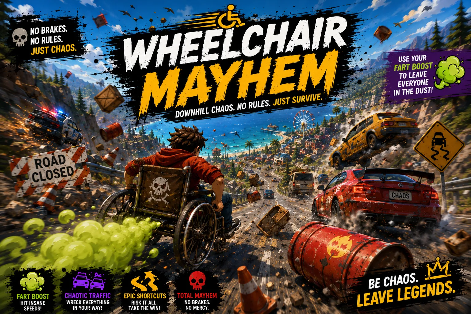WheelChair Mayham game-design presentation showing downhill wheelchair racing chaos.